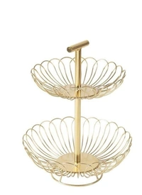 M.F EXPORTS Created two-tiered design fruit basket Also, a handcrafted Wood and wire basket - Gold Plated, Metal, Pack of1